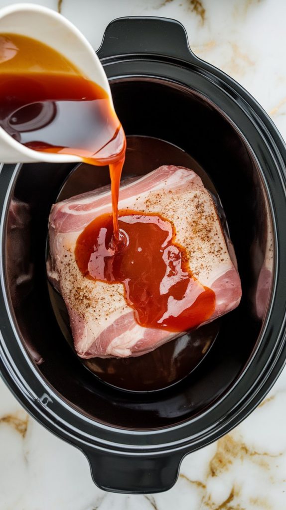 Coca-Cola and BBQ sauce being poured over seasoned pork in a slow cooker