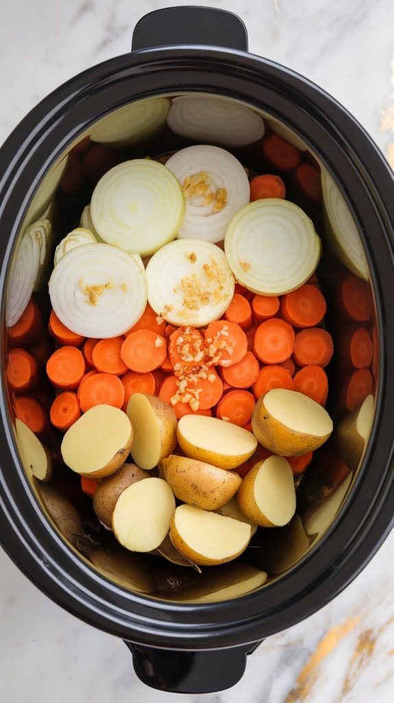 sliced yellow onions, peeled carrot chunks, and halved baby potatoes layered neatly inside a white slow cooker insert