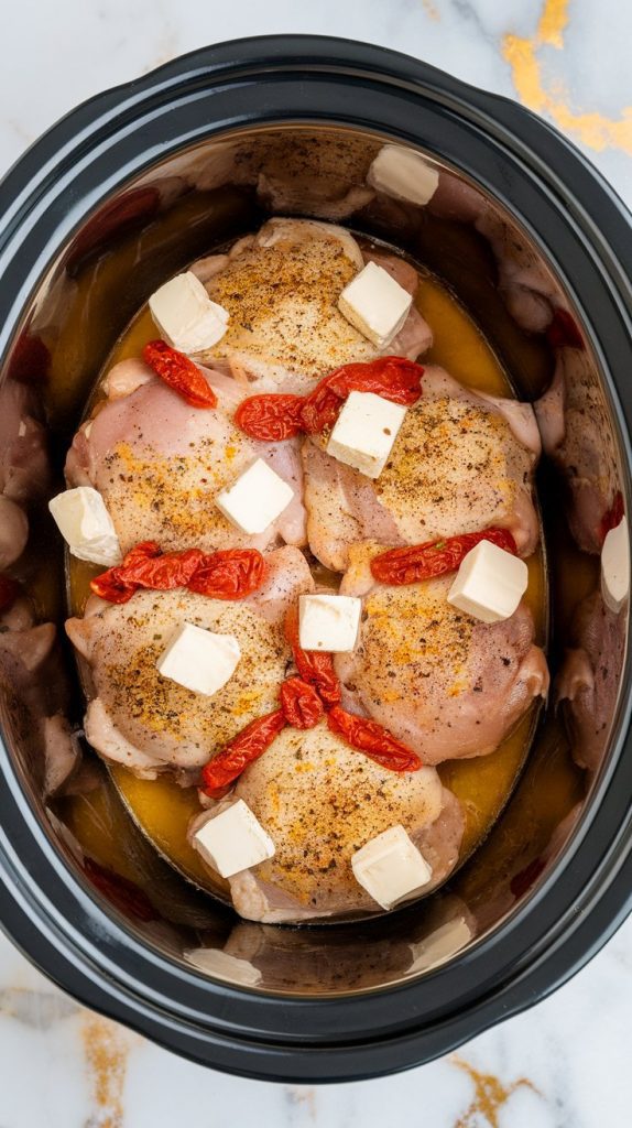 slow cooker filled with raw chicken thighs seasoned with garlic powder, paprika, salt, pepper, and Italian herbs, topped with sliced sun-dried tomatoes, minced garlic, and cubed cream cheese