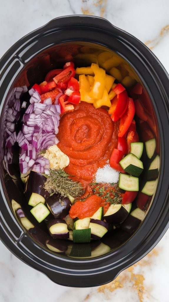 slow cooker filled with diced eggplant, zucchini, bell peppers, red onion, minced garlic, crushed tomatoes, tomato paste dolloped on top