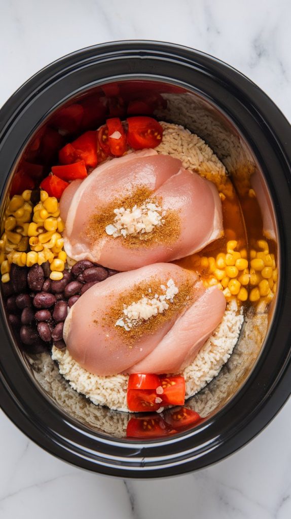 raw boneless skinless chicken breasts in the base of the slow cooker, covered with layers of uncooked white rice, rinsed black beans, drained corn, canned diced tomatoes with juices, taco seasoning, salt, garlic powder