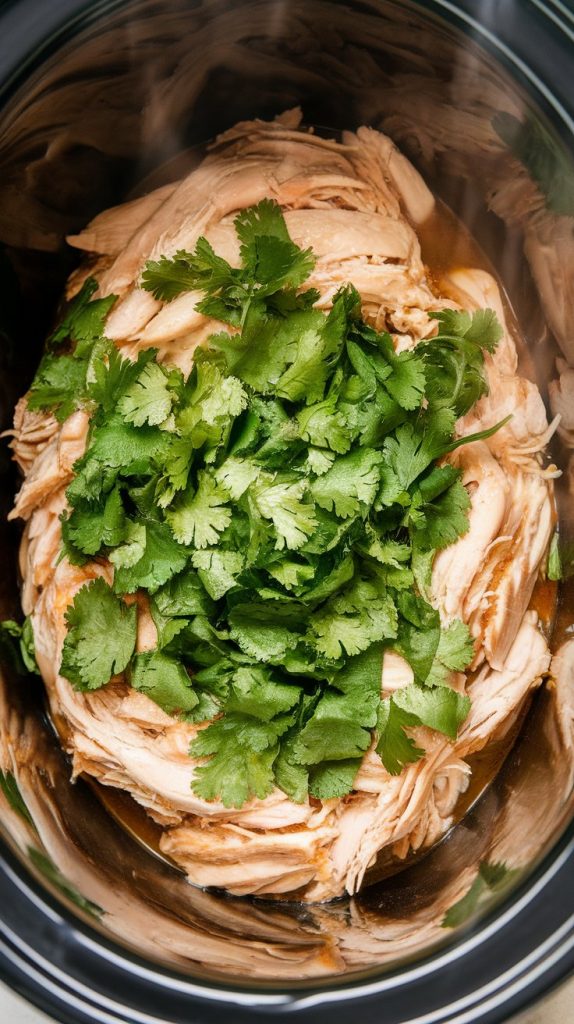 bright green chopped cilantro sprinkled over hot shredded chicken in the slow cooker