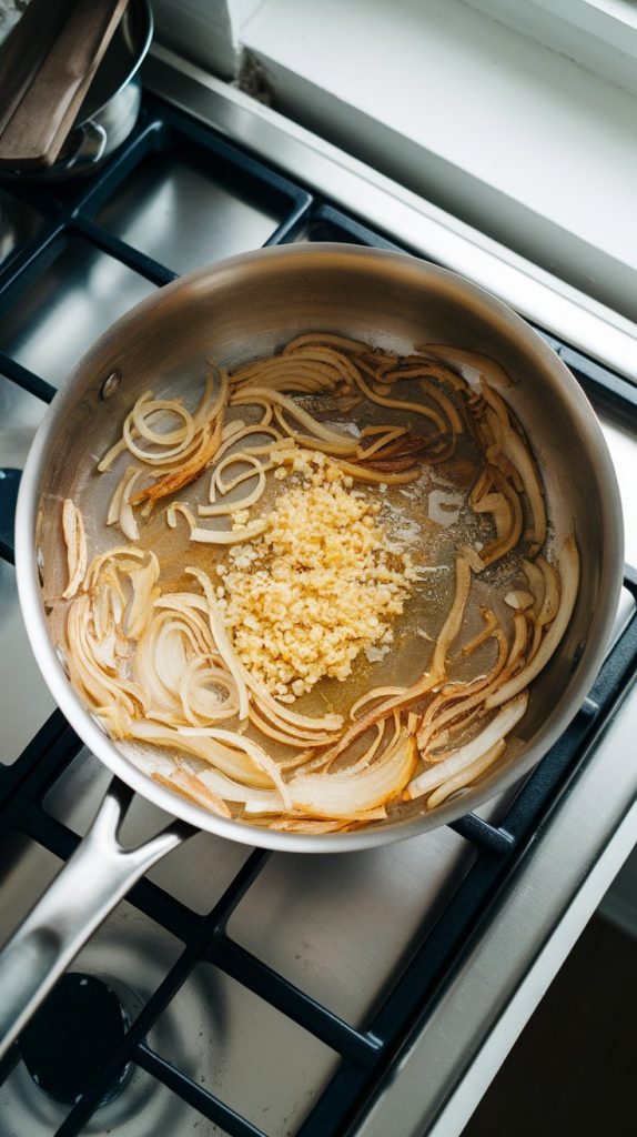 golden, soft, caramelized onions with minced garlic mixed in, bubbling gently in butter