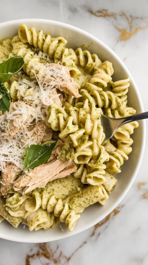 pesto chicken pasta in a white bowl, topped with extra grated parmesan and torn basil leaves