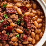 finished baked beans with beef and bacon, thick and rich, served hot in a ceramic bowl with a spoon tucked in, bits of bacon and herbs visible on top