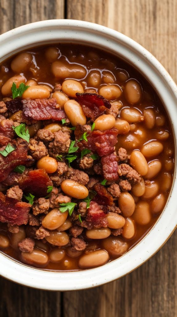 finished baked beans with beef and bacon, thick and rich, served hot in a ceramic bowl with a spoon tucked in, bits of bacon and herbs visible on top