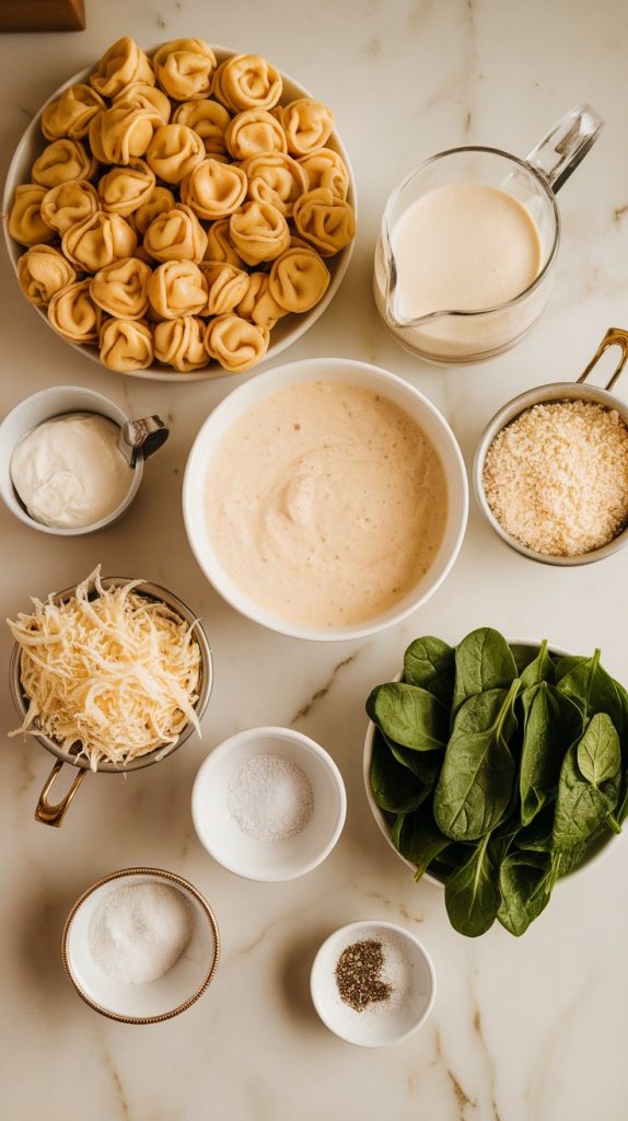all ingredients laid out and ready: a sealed 20 oz package of refrigerated cheese tortellini, a jar of Alfredo sauce (15 oz), a glass measuring cup with 1 ½ cups heavy cream, a small bowl of shredded mozzarella (1 cup), a bowl of grated parmesan (½ cup), a bowl of fresh spinach leaves (2 cups), a small dish of garlic powder, and salt and pepper in mini pinch bowls