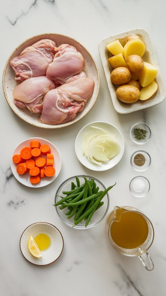 raw bone-in, skin-on chicken thighs, peeled and chopped Yukon Gold potatoes, peeled carrot chunks, sliced yellow onion, trimmed green beans, minced garlic, dried thyme, dried rosemary, salt, black pepper