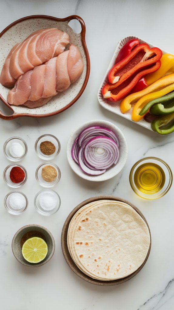 sliced raw chicken breast, sliced red, yellow, and green bell peppers, sliced red onion, olive oil, chili powder, cumin, paprika, garlic powder, onion powder, salt, black pepper, a halved lime