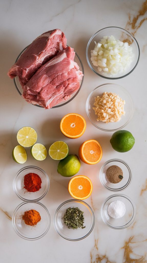 all ingredients for beer-braised pork carnitas: raw boneless pork shoulder cut into chunks, diced onion, minced garlic, sliced jalapeño, orange and lime halves, a bottle of Mexican beer, bay leaves, and small bowls of chili powder, cumin, smoked paprika, oregano, salt, and pepper