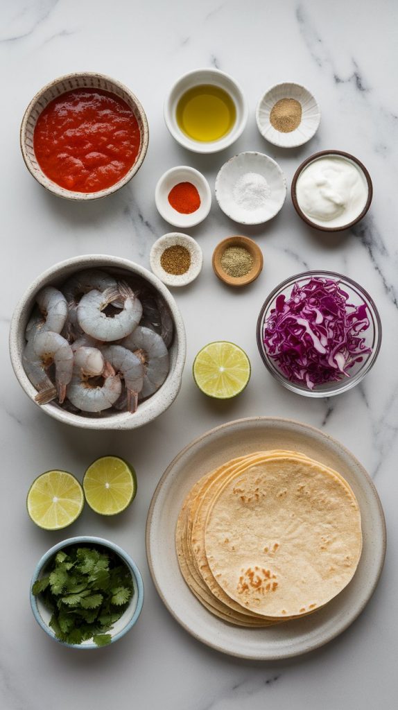 Ultra close-up of all the ingredients for crockpot shrimp tacos
