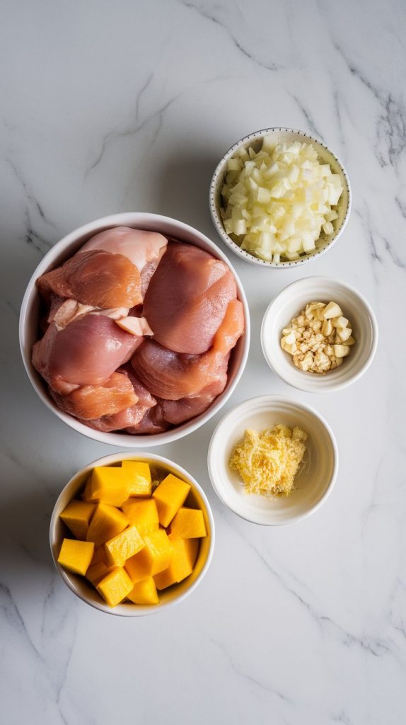chopped raw chicken thigh chunks, finely chopped yellow onion, minced garlic, grated ginger, and diced mango