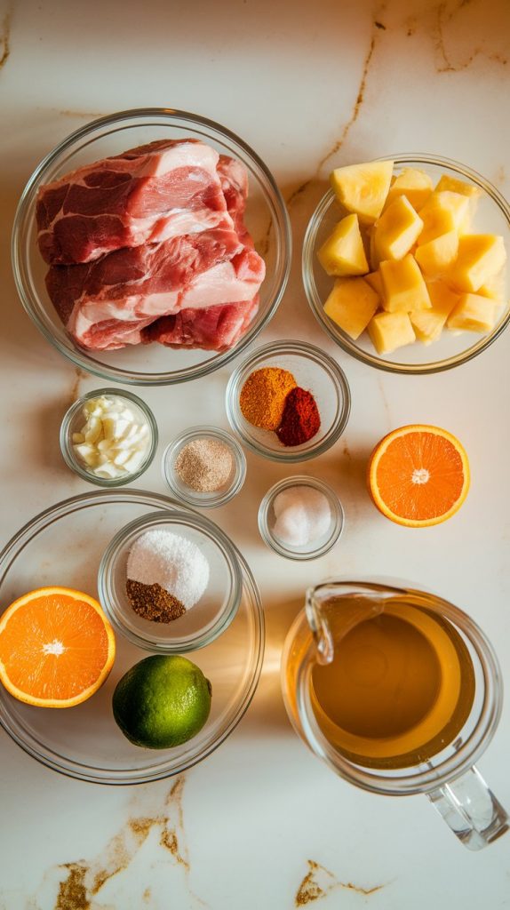 All ingredients for pineapple pork carnitas displayed: raw pork shoulder chunks, pineapple chunks, chopped onion, minced garlic, chili powder, smoked paprika, cumin, salt, black pepper, a halved orange and lime, chicken broth in a glass measuring cup