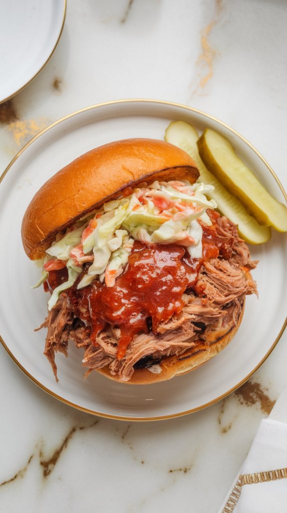 finished Coca-Cola pulled pork stacked high on a toasted brioche bun, glistening with sauce and topped with crunchy coleslaw