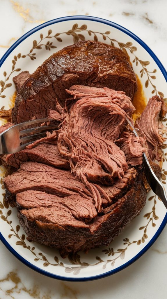 tender roast beef being shredded with two forks, fibers pulling apart easily, with rich juice soaking into the meat