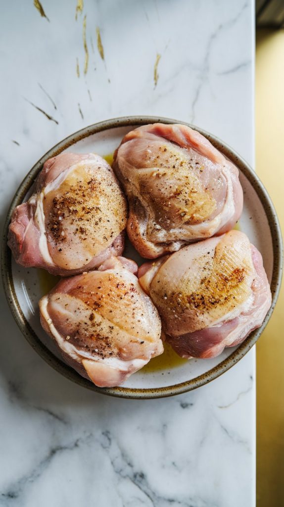 raw chicken thighs rubbed with salt, pepper, and olive oil, glistening and ready for the slow cooker
