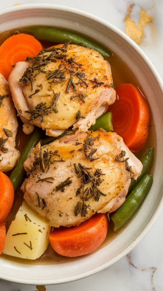 a white bowl filled with steaming herb-roasted chicken thigh resting on tender carrots, potatoes, green beans