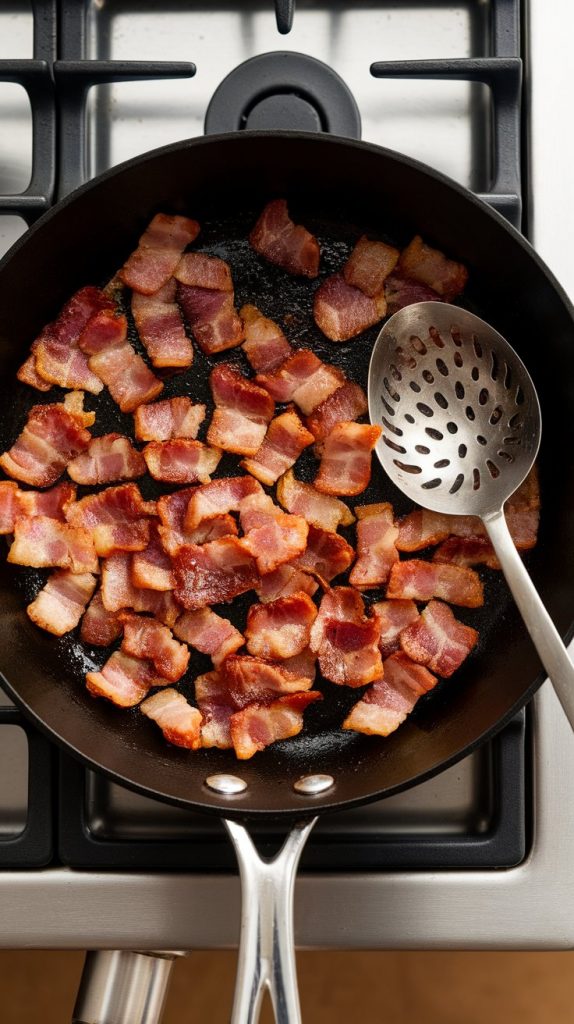 crispy chopped bacon pieces sizzling in a black skillet, edges golden brown, small bits of rendered fat visible