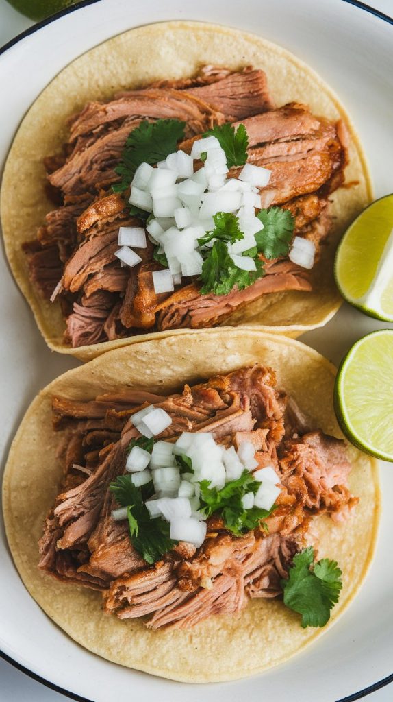 crispy pork carnitas in soft corn tortillas, topped with fresh chopped onion, cilantro, and lime wedge on the side