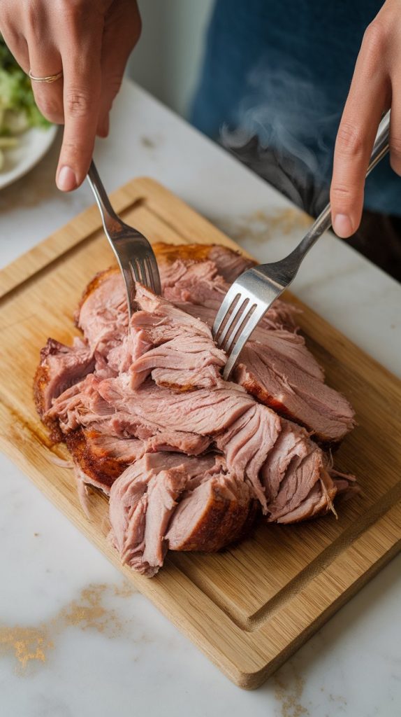 hands shredding tender pork with two forks, juices soaking into the meat