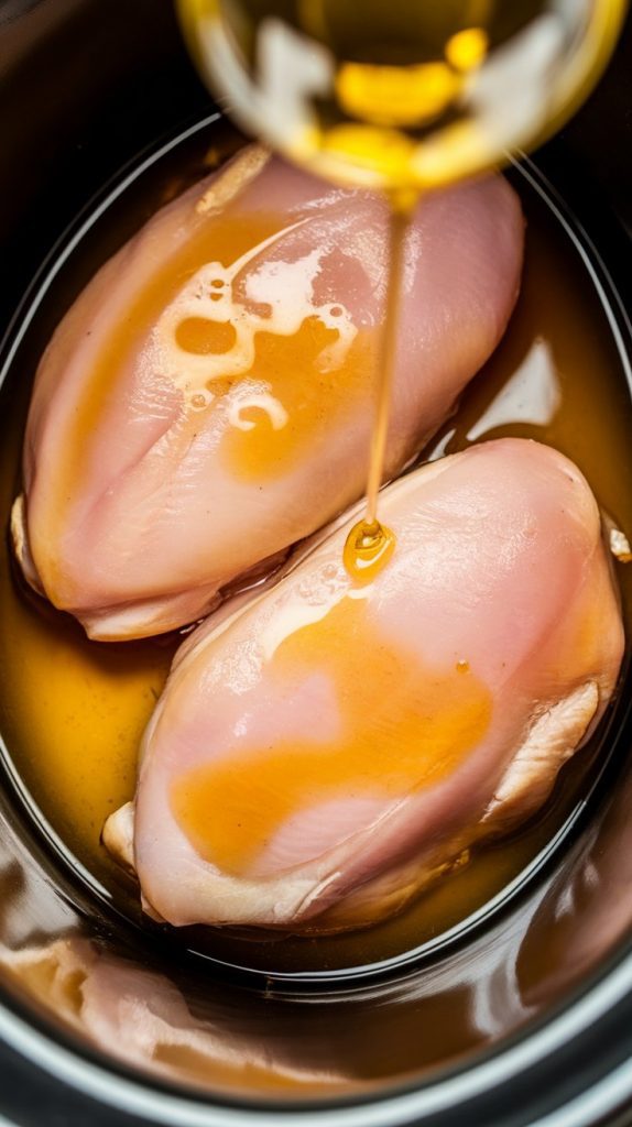 chicken breasts in slow cooker being drizzled with golden olive oil and light chicken broth pooling around them