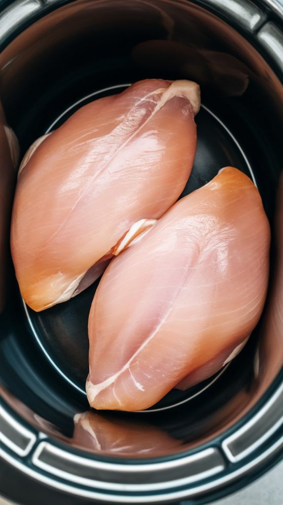 raw boneless skinless chicken breasts laid flat in a slow cooker insert