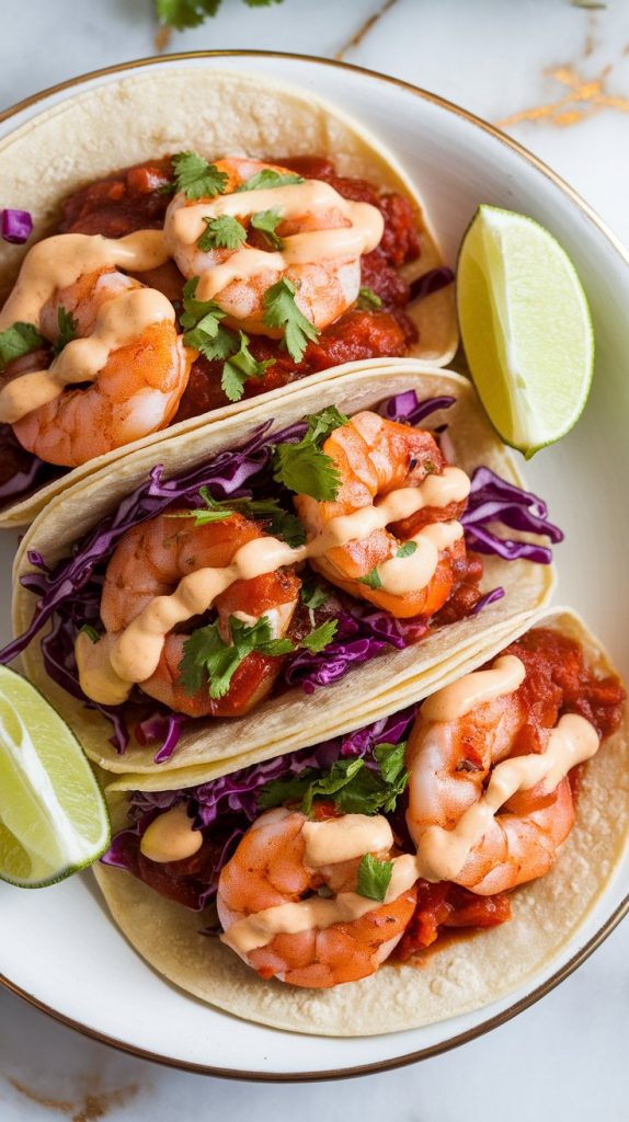 a taco being assembled: soft corn tortilla filled with saucy shrimp, crunchy purple slaw, creamy chipotle drizzle, and bright green cilantro