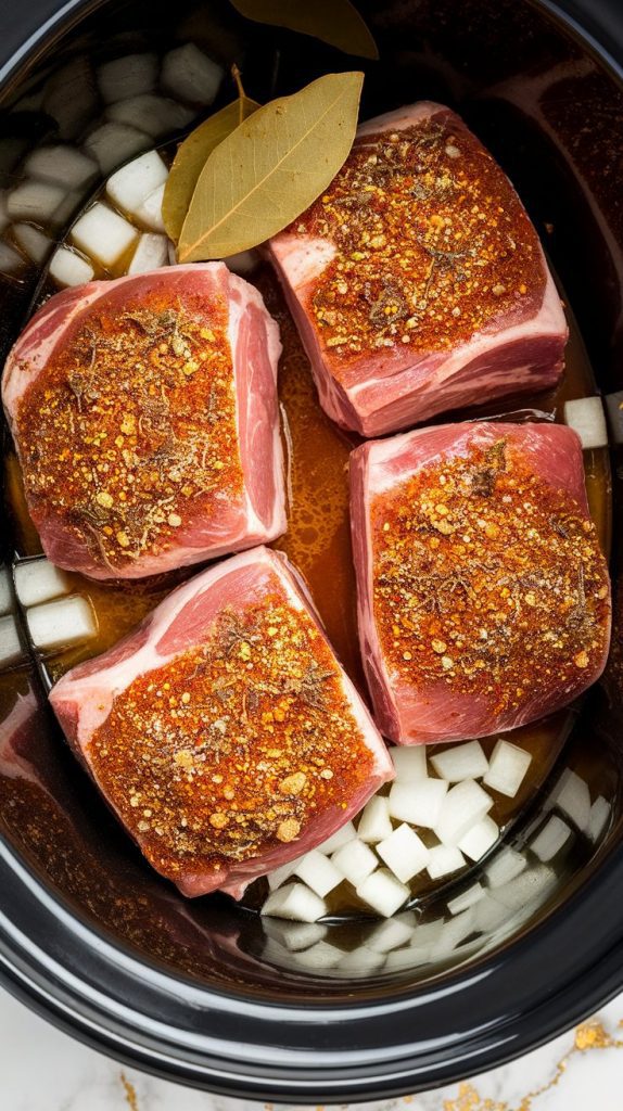 raw pork shoulder chunks coated in chili powder, cumin, smoked paprika, oregano, salt, pepper, and olive oil, now placed in a slow cooker with diced onions, minced garlic, two bay leaves on top, and orange juice pooling around the meat