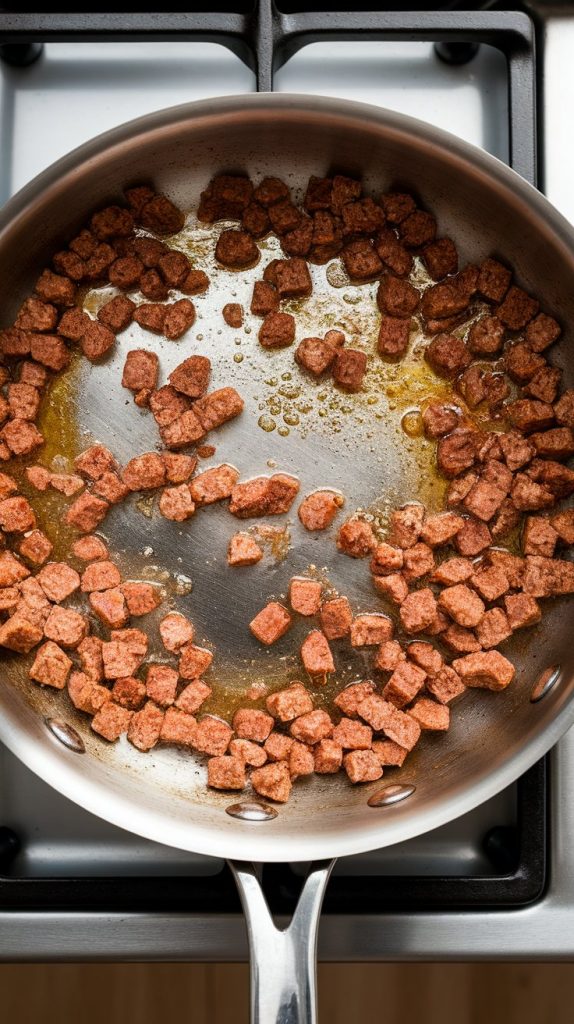 browned crumbled Italian sausage in a skillet, lightly sizzling and golden brown with small bits of oil bubbling around the edges