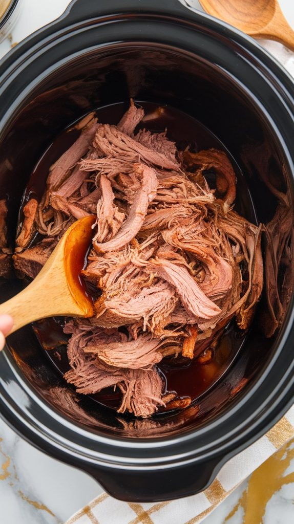 shredded pork being stirred into thick, glossy BBQ-Coke sauce inside the slow cooker