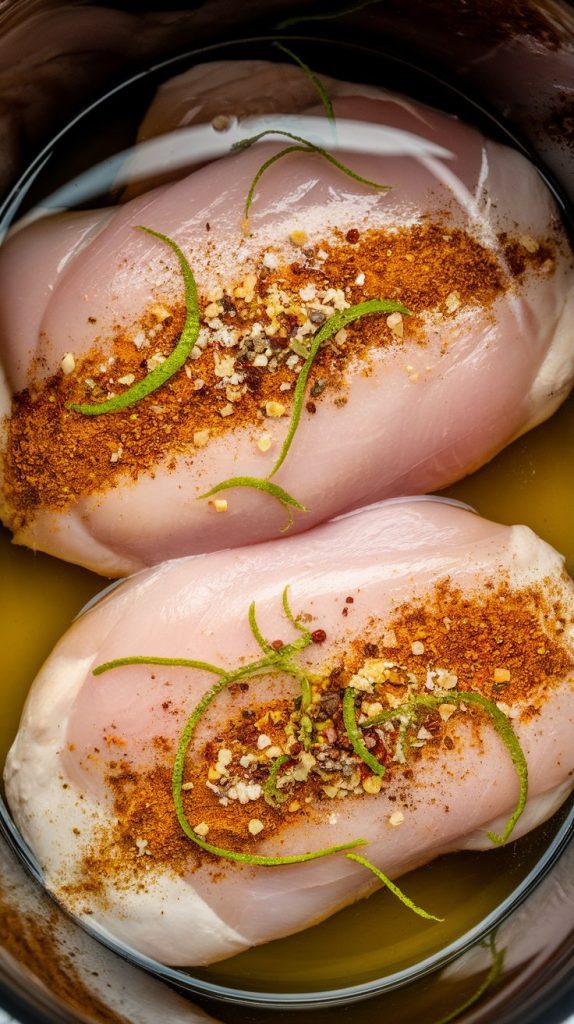 minced garlic and colorful seasonings (cumin, chili powder, salt, pepper) layered on top of raw chicken in the slow cooker