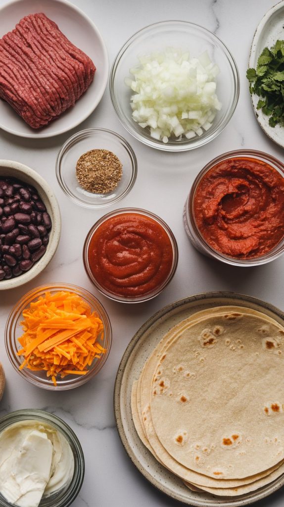 raw ground beef, diced onions, a taco seasoning packet, a can of black beans (opened and drained), refried beans in a bowl, a jar of salsa