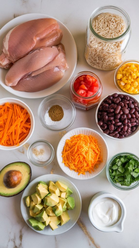 all ingredients laid out: raw boneless skinless chicken breasts, uncooked long grain white rice, drained and rinsed black beans in a small white bowl, drained corn, canned diced tomatoes with juice