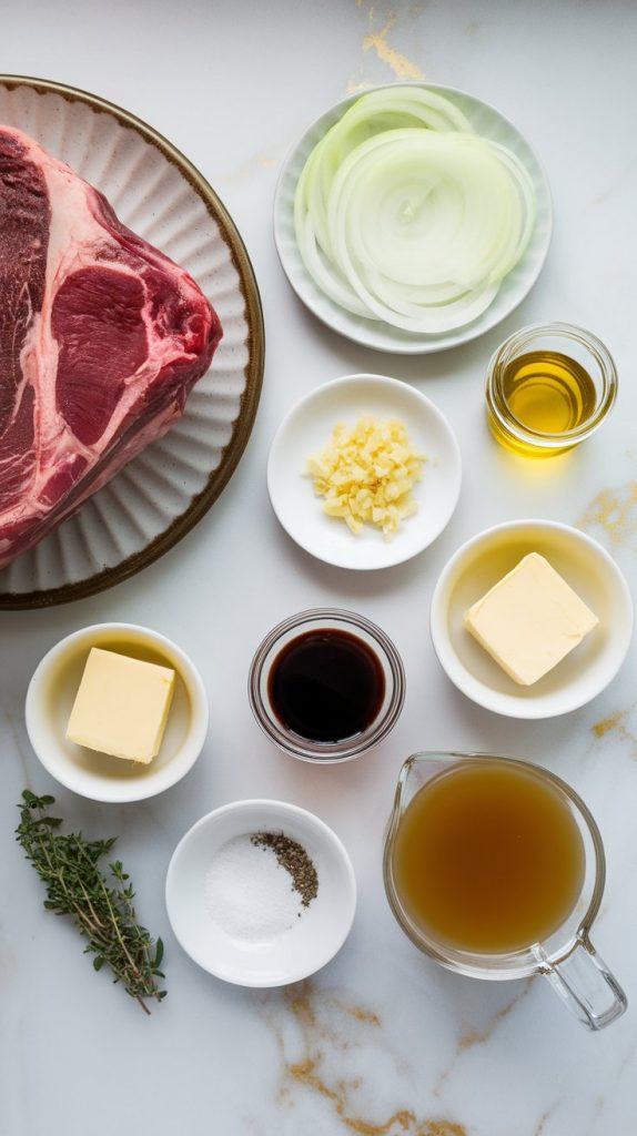 All ingredients laid out: raw 3–4 lb chuck roast, thinly sliced yellow onions, minced garlic, a bottle of olive oil, a small dish of butter, packet of onion soup mix, bottle of Worcestershire sauce, measuring cup with beef broth, fresh thyme sprigs, salt and pepper grinders