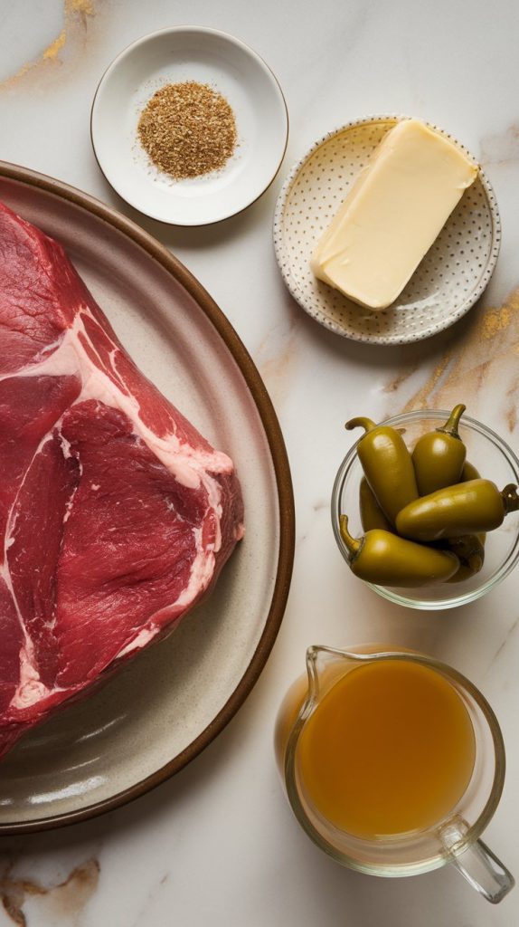 raw chuck roast, packet of ranch seasoning, packet of au jus gravy mix, 1 stick of unsalted butter, whole pepperoncini peppers, and a measuring cup with ¼ cup pepperoncini juice