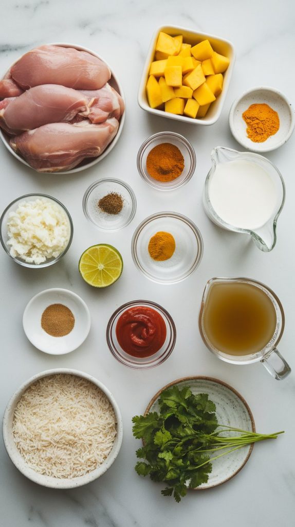 all recipe ingredients: raw chicken thigh chunks, diced fresh mango, chopped yellow onion, minced garlic, grated ginger, small bowls of curry powder, cumin, turmeric, chili powder, a can of coconut milk