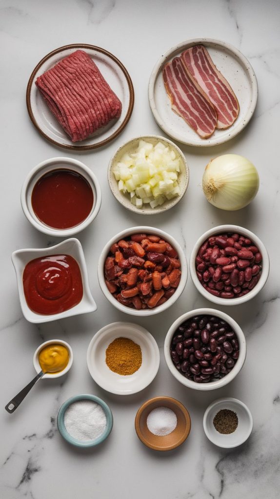 raw ground beef (1 lb), chopped raw bacon (6 slices), diced yellow onion (1 medium), three unopened cans of pork and beans (15 oz each), one opened can of kidney beans (drained), one opened can of black beans (drained), barbecue sauce (in a small glass bowl)