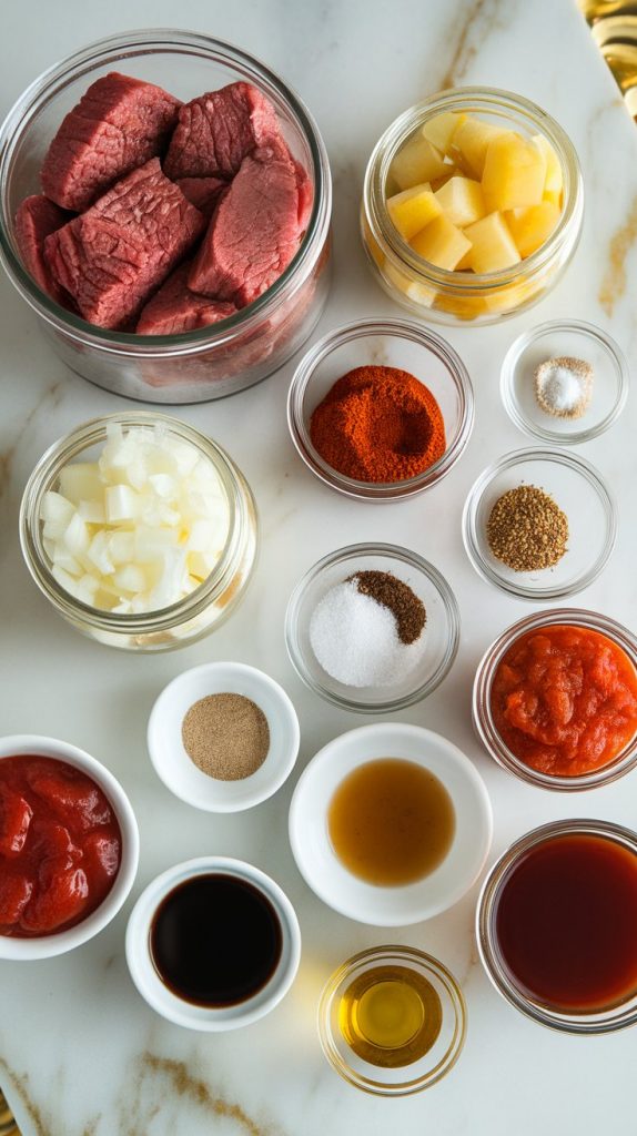 all ingredients: raw cubed beef chuck roast, diced yellow onion, minced garlic, measured chili powder, smoked paprika, cumin, oregano, salt, pepper, cayenne, tomato paste