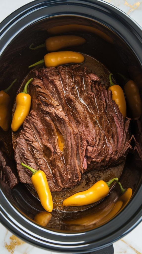 two forks shredding the cooked chuck roast inside the Crockpot