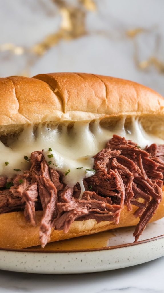 hoagie roll loaded with juicy shredded roast beef, topped with a slice of provolone starting to melt over the hot meat