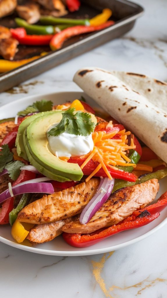 an open flour tortilla being filled with roasted chicken fajitas, topped with avocado slices, sour cream, and chopped cilantro