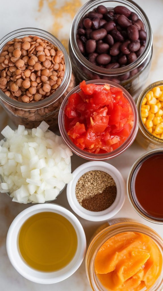 all ingredients for slow cooker lentil taco chili