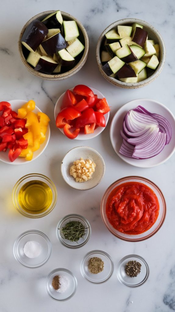 all ingredients for slow cooker ratatouille: diced eggplant, diced zucchini, chopped red and yellow bell peppers, chopped red onion, minced garlic, canned crushed tomatoes, tomato paste in a small dish