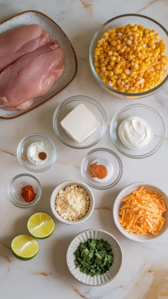 all recipe ingredients laid out: raw boneless skinless chicken breasts, frozen fire-roasted corn, cream cheese block, bowls of mayo and sour cream, crumbled cotija cheese, shredded Mexican blend cheese
