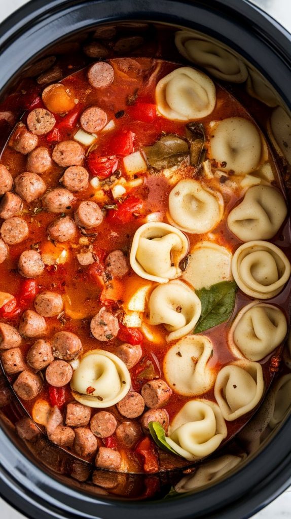 browned crumbled Italian sausage and cheese tortellini just added to the bubbling tomato broth in the crockpot