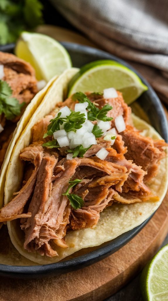 crispy pork carnitas served in soft corn tortillas, topped with freshly chopped cilantro, diced onions, and lime wedges on the side