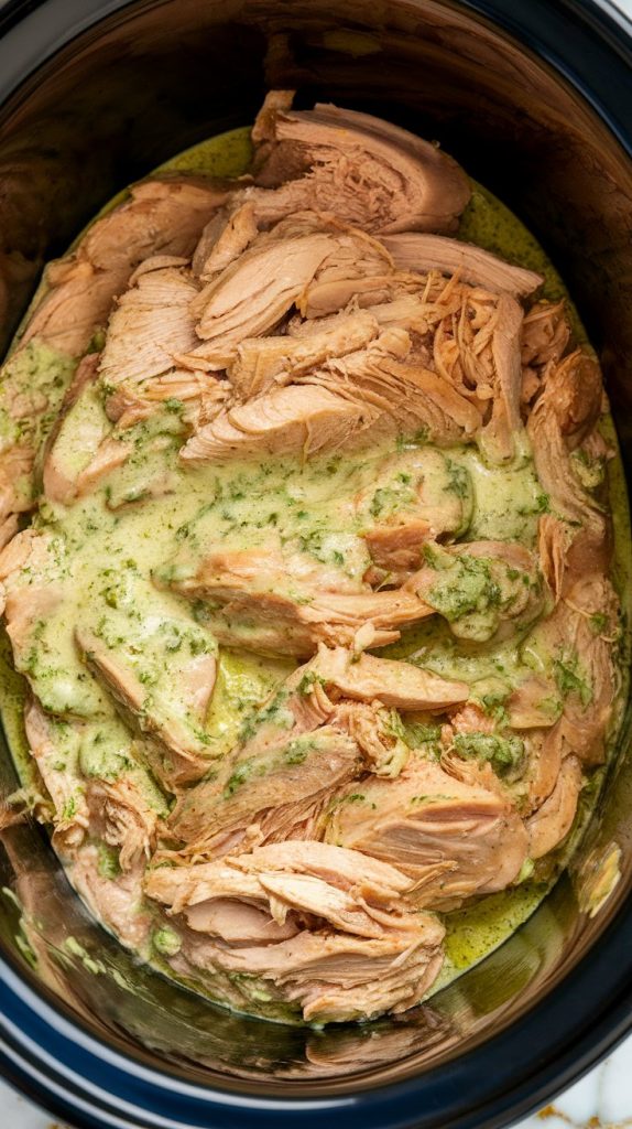 shredded chicken being pulled apart with two forks inside the creamy pesto sauce in the crockpot