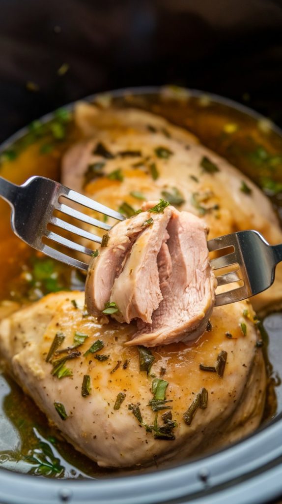forks pulling apart tender chicken inside the slow cooker