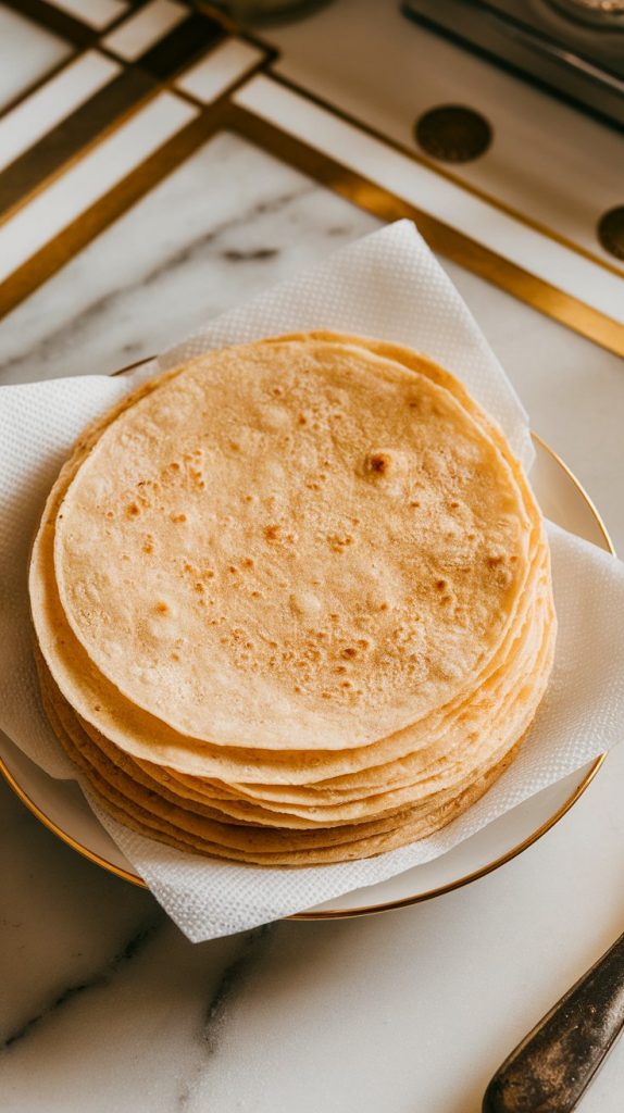 soft flour tortillas stacked and slightly steamed between damp paper towels on a white plate