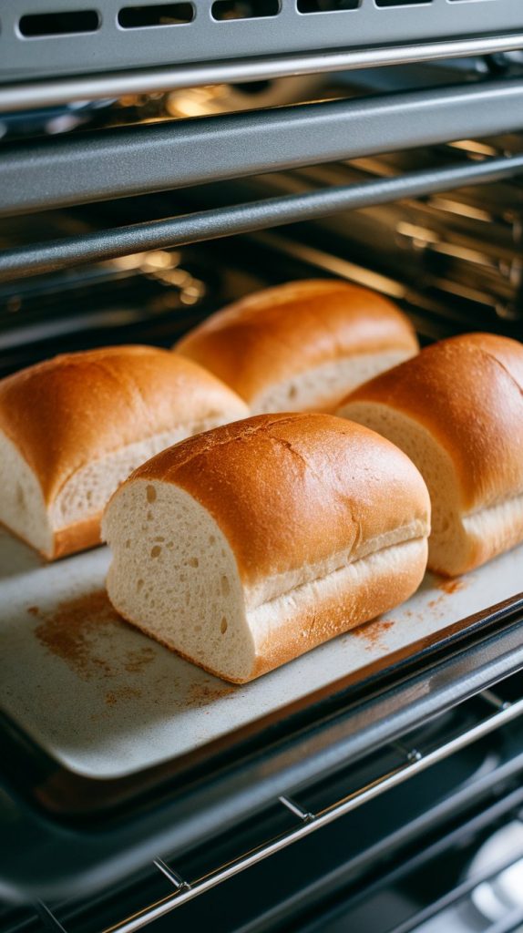 hoagie rolls sliced open and lightly toasted on a baking sheet, golden edges visible